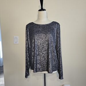 Halogen | Metallic Grey Sequin Blouse | Size L